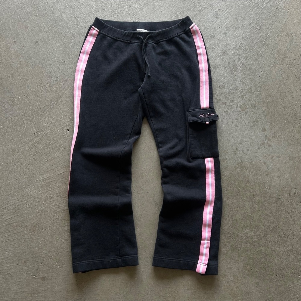 Vintage Y2K Reebok Cargo Sweatpants Womens Medium Black Pink Flare Leg Cotton
